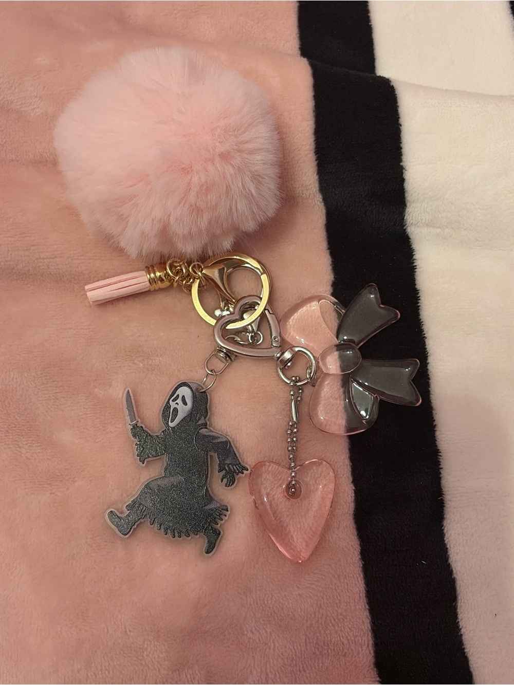 Pink Pom Pom Horror Charm Keychain with Bow & Heart